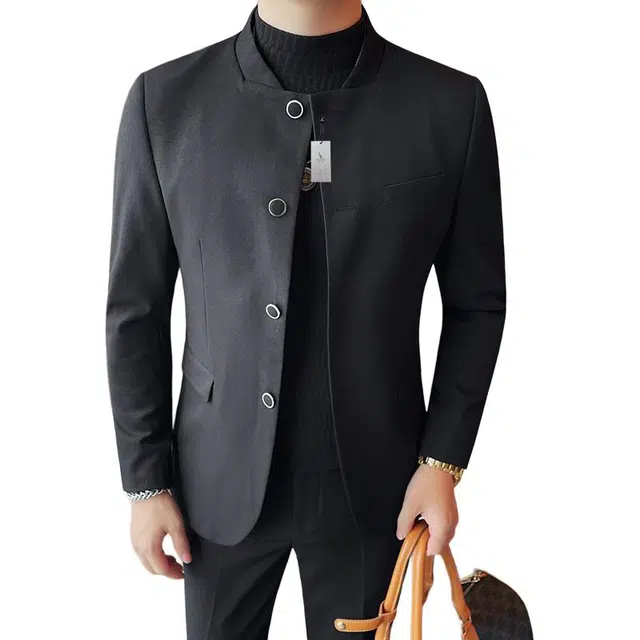 袋鼠 商务风公务员成熟大气中式立领西装长袖西服修身弹力免烫夹克 男女同款