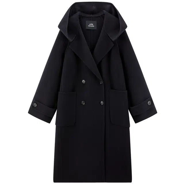 太平鸟 双面呢廓形连帽双排扣经典款式大衣 女款