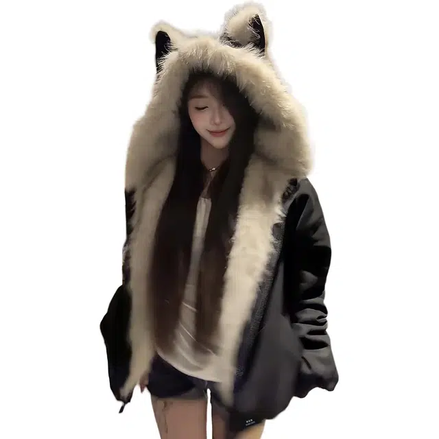 徐百货 复古潮流兔耳朵座山雕上衣外套冬季保暖毛领夹棉情侣款百搭加厚棉衣面包服棉服 男女同款