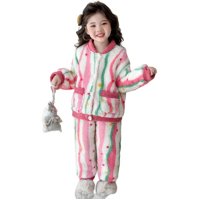 米囹家居服套装 女童珊瑚绒儿童睡衣秋冬季宝宝三层夹棉加厚小童休闲洋气女圆点卡通小兔套头小孩喜欢衣服