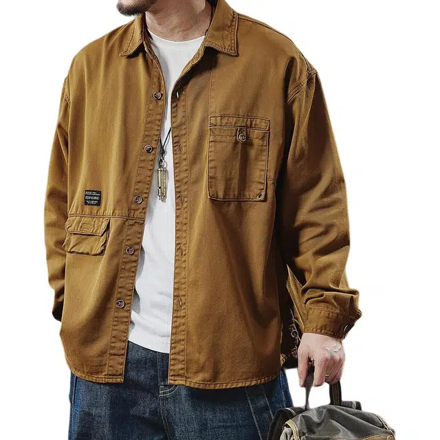 贵色 高端美式复古潮牌长袖设计感拼接口袋休闲工装夹克外套衬衫 男女同款