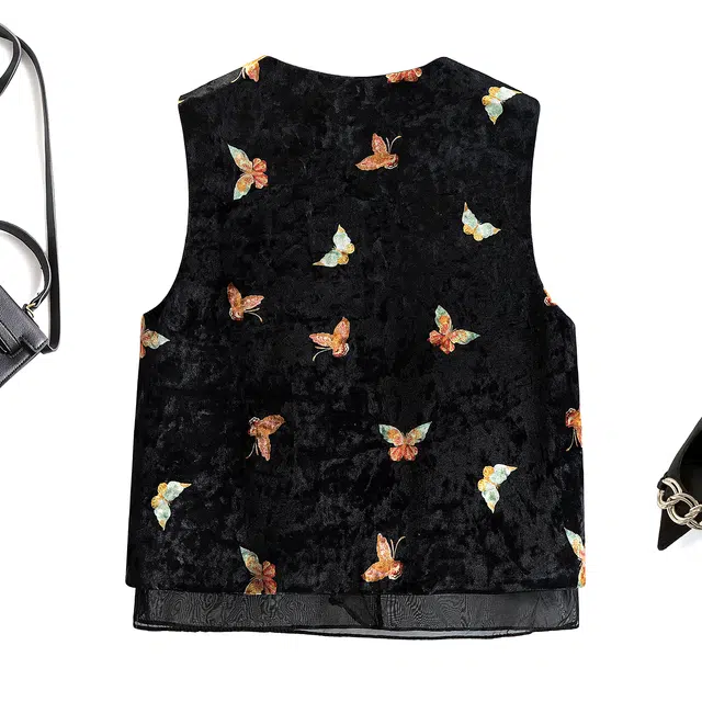 丝柏舍 复古盘扣圆领撞色蝴蝶图案宽松款直筒新中式单排扣短款叠穿马甲 女款