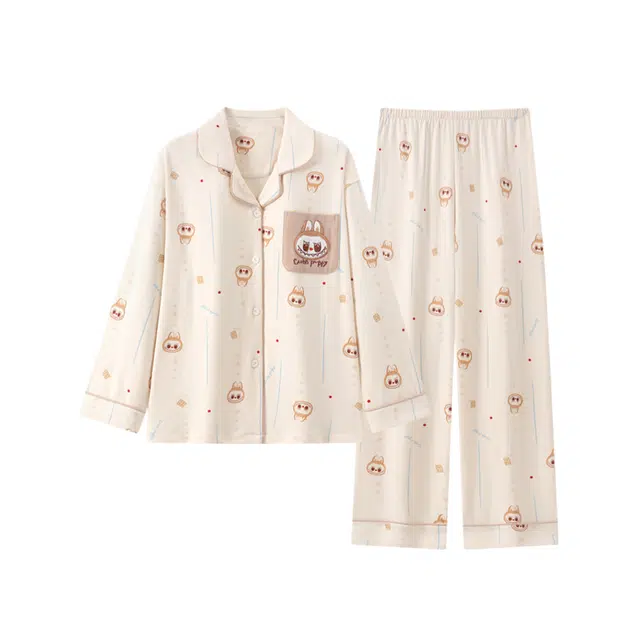 米囹 翻领开衫女甜美满印卡通动漫学生可外穿家居服睡衣套装 女款