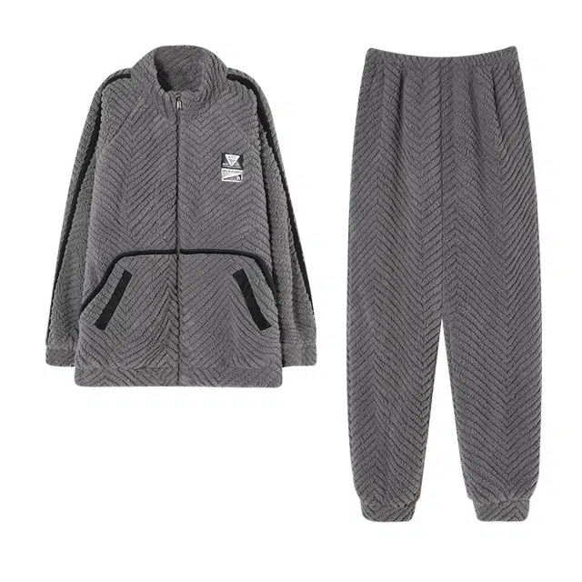 俏霓桐 加绒加厚拉链保暖防寒蓄温时尚撞色双口袋简约长袖家居服可外穿睡衣套装 男款