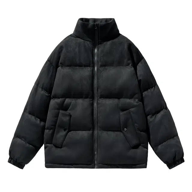 棉基因 冬季纯色麂皮英文立领优质棉棒球服保暖高个小个子日系男简约潮流夹棉袄子美式高街工装风青少年职场通勤学院风棉衣外套 男女同款