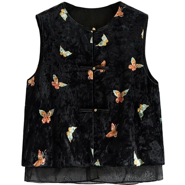 丝柏舍 复古盘扣圆领撞色蝴蝶图案宽松款直筒新中式单排扣短款叠穿马甲 女款