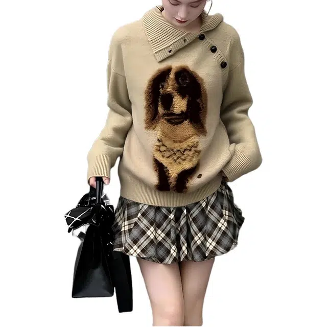 沐晓欣 巨好看的韩系小众设计感软糯慵懒风翻领小狗印花加厚潮针织衫 女款