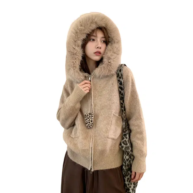 丝絮丝绸 连帽长袖外套秋季可拆卸毛领宽松慵懒风韩系开衫上衣针织衫 女款