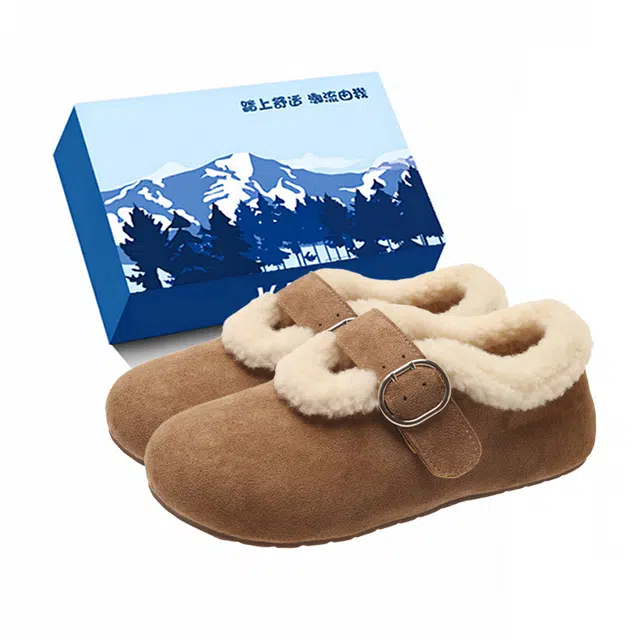 小鹿米利 秋冬加绒保暖平底毛毛鞋外穿时尚 橡胶勃肯鞋 女