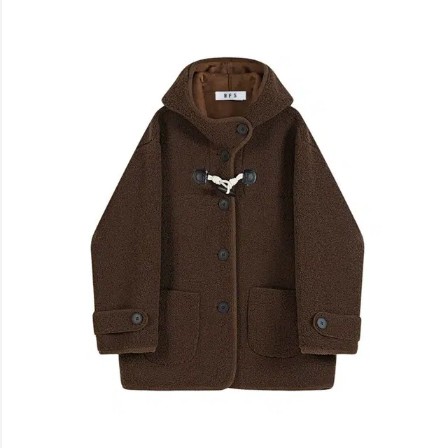 桴生 慵懒风连帽羊羔毛外套女冬季中长款小个子牛角扣宽松皮毛一体大衣皮草 女款