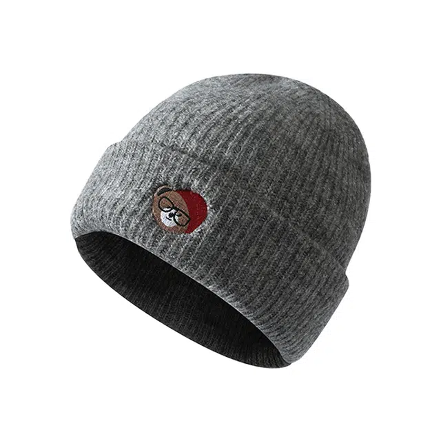 浪莎 日系卡通小熊刺绣简约轻奢感时尚出街百搭大头围堆堆显脸小 聚酯纤维 绒线帽 男女同款情侣款