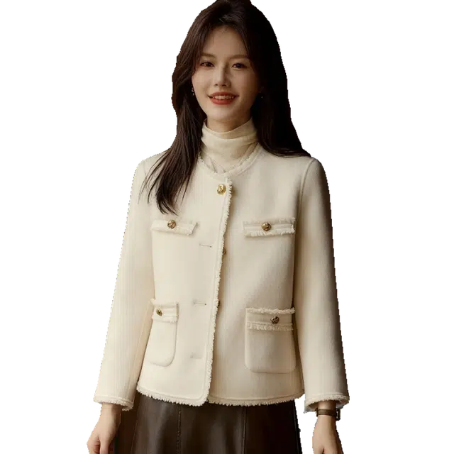 佐塞斯 高端品质轻奢优雅小香风双面呢外套女秋冬正肩显瘦毛呢大衣 女款