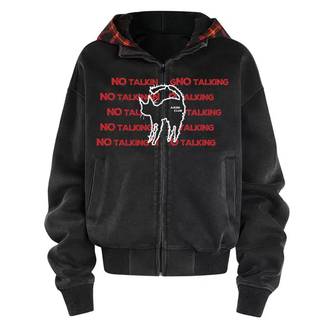 爱肯 美式复古字母猫咪印连帽水洗做旧撞色格纹设计感情侣款学院风潮牌休闲时尚舒适宽松字母百搭开衫外套痞帅日常通勤卫衣 男女同款