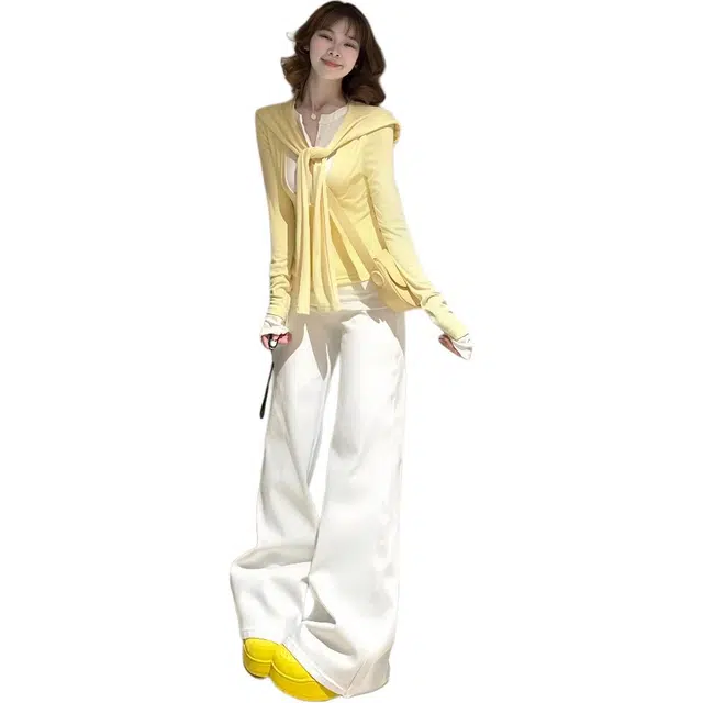 沐晓欣 搭配一整秋冬韩系慵懒风松弛感假两件上衣微喇牛仔裤女休闲套装 女款