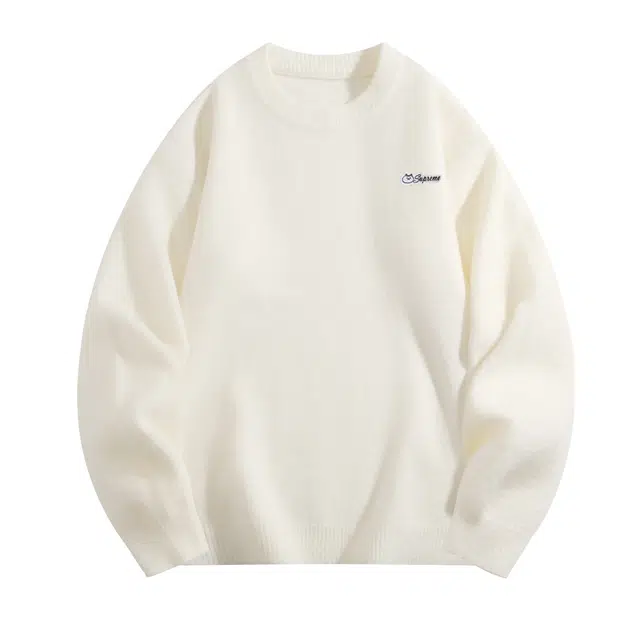 吾皇猫 加厚保暖纯色慵懒风圆领长袖套头刺绣标基础款针织毛衣 男女同款