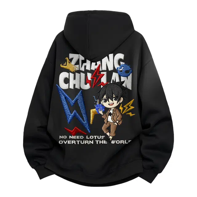 一人之下 仿刺绣国潮美式潮牌设计感手绘帅气卡通闪电花体品牌字母创意街头潮流复古休闲舒适通勤柔软百搭落肩套头连帽卫衣 男女同款