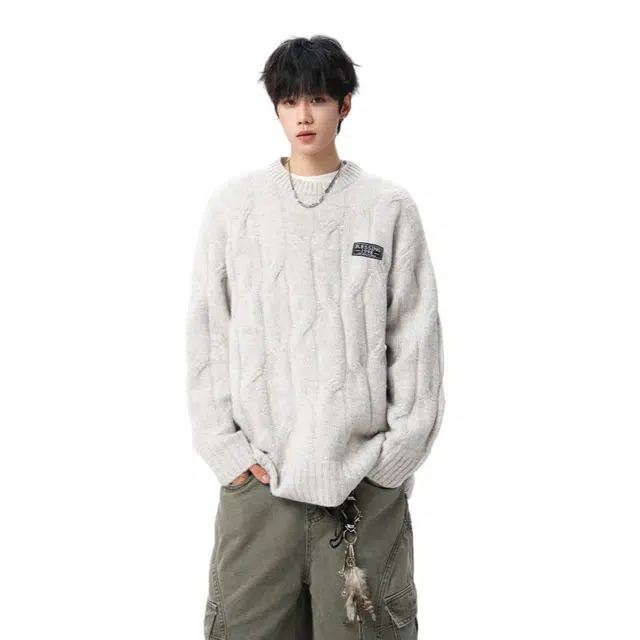加荣 美式复古圆领秋季慵懒风宽松羊毛衫潮牌设计感套头青少年痞帅加厚内搭针织衫 男女同款
