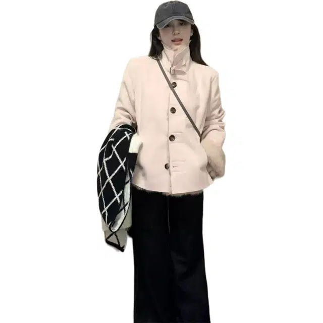 邓大喵 韩系甜美风皮毛一体翻领长袖外套秋冬修身显瘦百搭毛绒上衣女夹克 女款