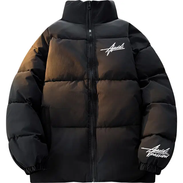 阿凡迪 美式街头复古简约基础设计手写花体潮牌印花宽松舒适休闲百搭时尚潮流日常通勤无性别主义立领长袖加绒抗寒保暖面包棉服 男女同款