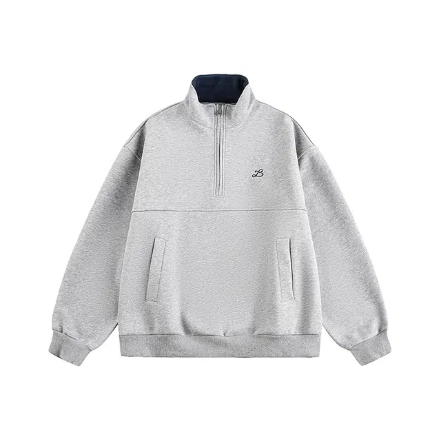 虫小绿 美式潮牌复古基础纯色胸口小标刺绣时尚半拉链立领上衣外套秋冬季痞帅气质百搭宽松休闲撞色情侣卫衣 男女同款