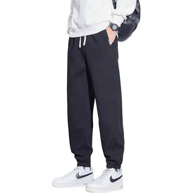 协协乐 高街风拼接氛围感卫裤秋冬季加绒加厚保暖美式潮牌宽松哈伦九分束脚裤青少年弹力抽绳痞帅百搭运动长裤休闲裤 男款