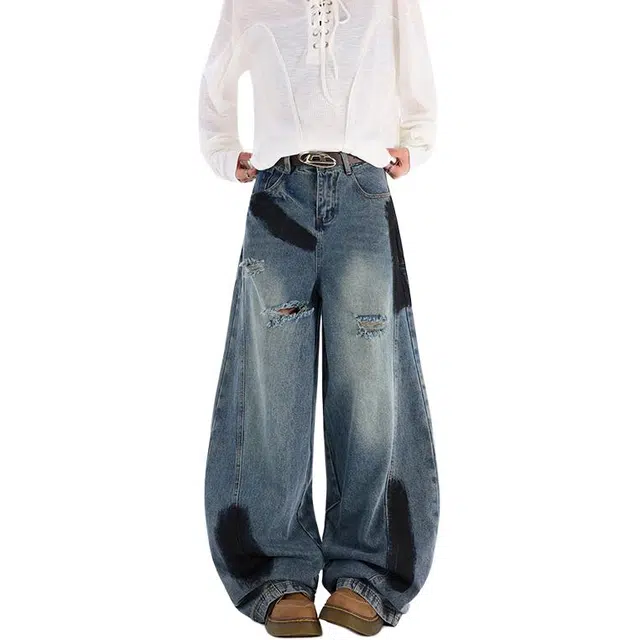 佐菲利 美式解构弯刀喷绘破洞拼接做旧直筒宽松阔腿裤子牛仔裤 男女同款