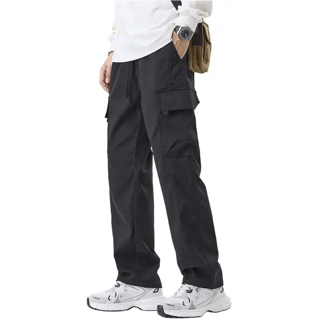 潮人榜 美式高街立体剪裁大口袋设计感百搭潮牌中腰加绒加厚松紧抽绳舒适高品质宽松直筒工装休闲裤 男女同款