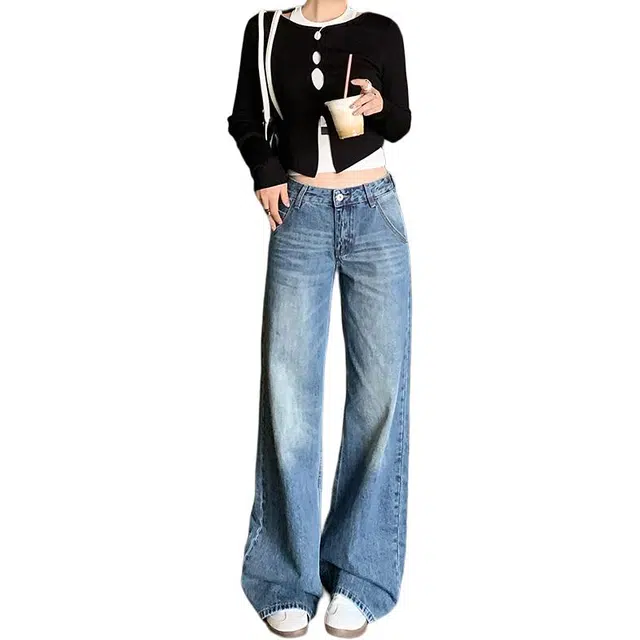 如续 复古水洗低腰无弹显瘦阔腿裤女垂感百搭牛仔裤 女款