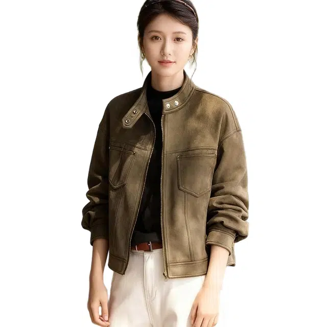 佐塞斯 高端品质轻奢美拉德复古麂皮绒外套女秋冬季立领设计巴恩风短款上衣夹克 女款