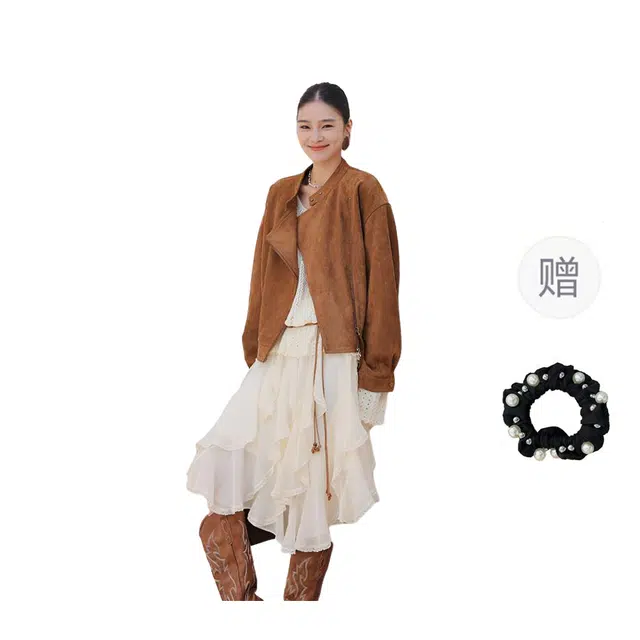 雾闪闪 美式立领麂皮绒外套女宽松显瘦上衣 夹克 女款