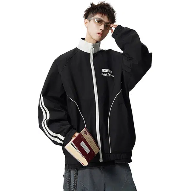 佐菲利 美式两面穿运动外套潮牌条纹撞色宽松休闲哈林顿上衣夹克 男女同款