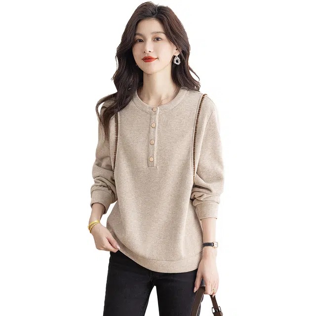 丝柏舍 圆领拼色纽扣设计套头休闲宽松款落肩长袖简约通勤卫衣 女款