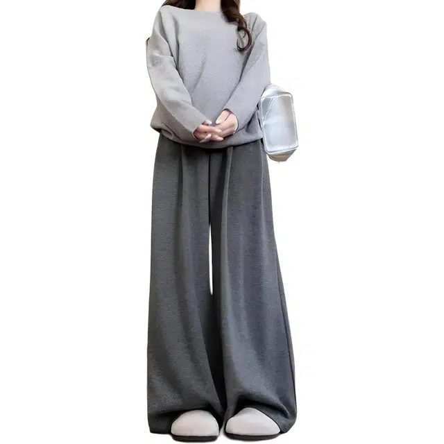 囍鱼少女 糯米灰色西装裤早秋女装大码阔腿裤宽松慵懒风裤子休闲裤 女款