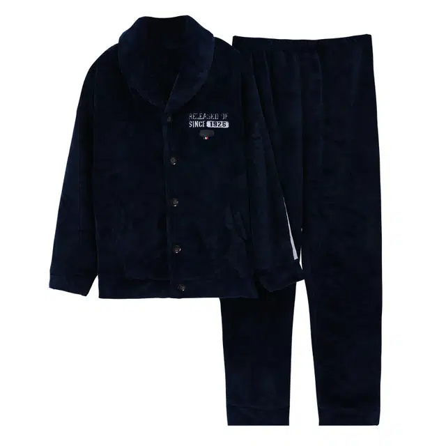 俏霓桐 加绒加厚珊瑚绒柔软保暖防寒蓄温撞色时尚双口袋翻领长袖家居服可外穿睡衣套装 男款