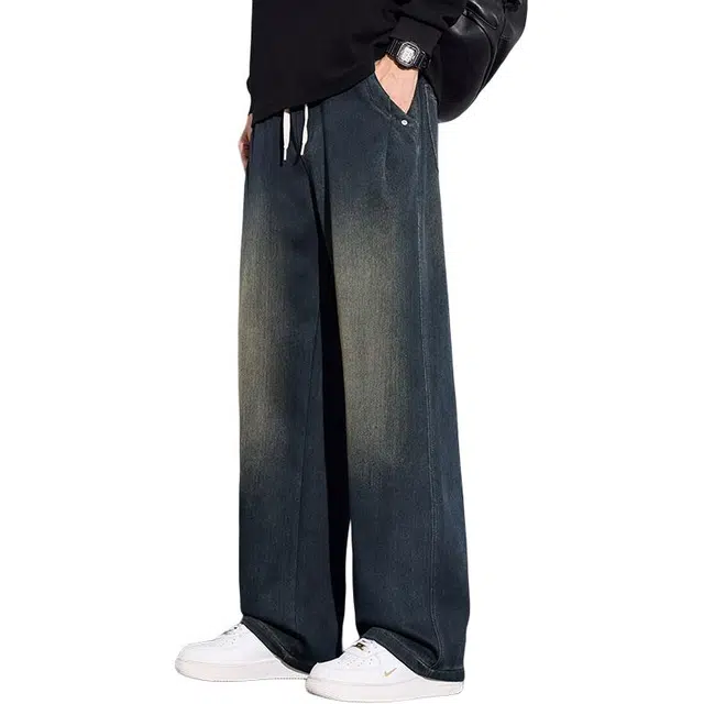 协协乐 美式高街复古做旧水洗潮牌秋冬季宽松直筒阔腿拖地裤垂坠感青少年弹力抽绳百搭休闲运动长裤牛仔裤 男款