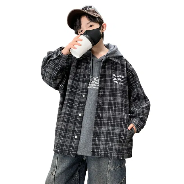 浪莎休闲棉衣 冬季 夹棉加厚格子棉服 黑色 青少年