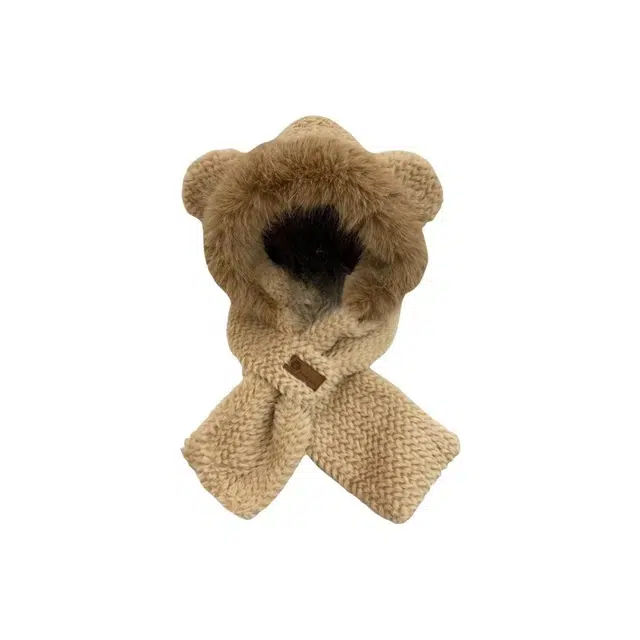 恩僾德 冬季小熊围巾骑车可爱毛绒帽子秋冬季防寒保暖护耳围脖一体 涤纶 绒线帽 男女同款情侣款