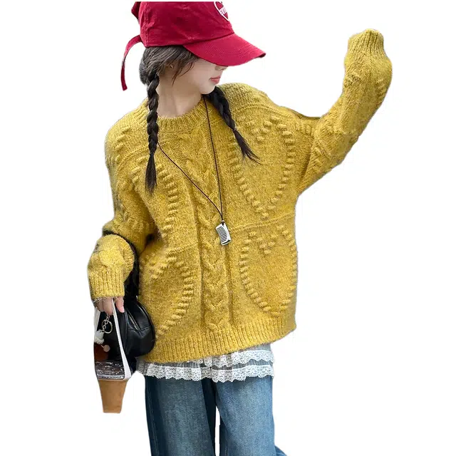 帕兰朵毛衣 女童时尚潮流百搭元气慵懒风中长款加厚针织衫麻花黄色针织衣女秋冬季软糯宽松外穿套头圆领上衣 青少年