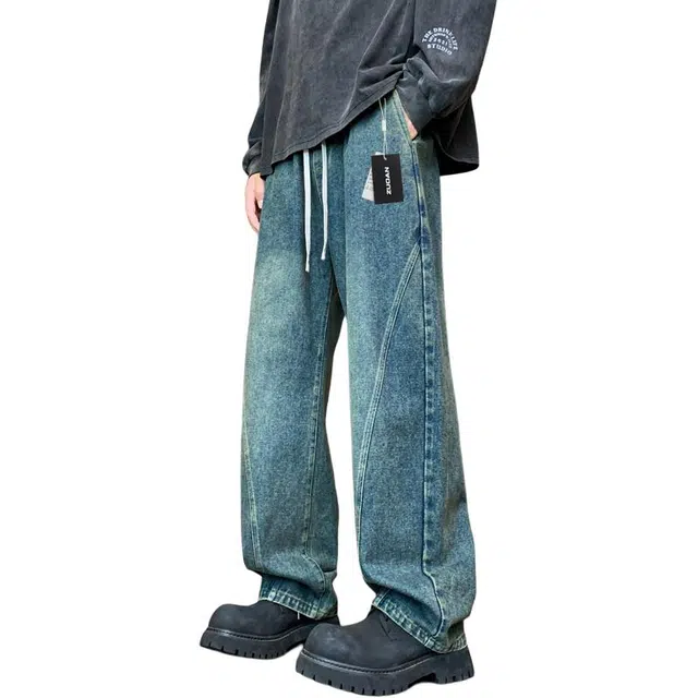 左岸 弯刀裤男春秋冬季加绒加厚长裤青少年宽松直筒阔腿裤美式复古拼接牛仔裤 男款