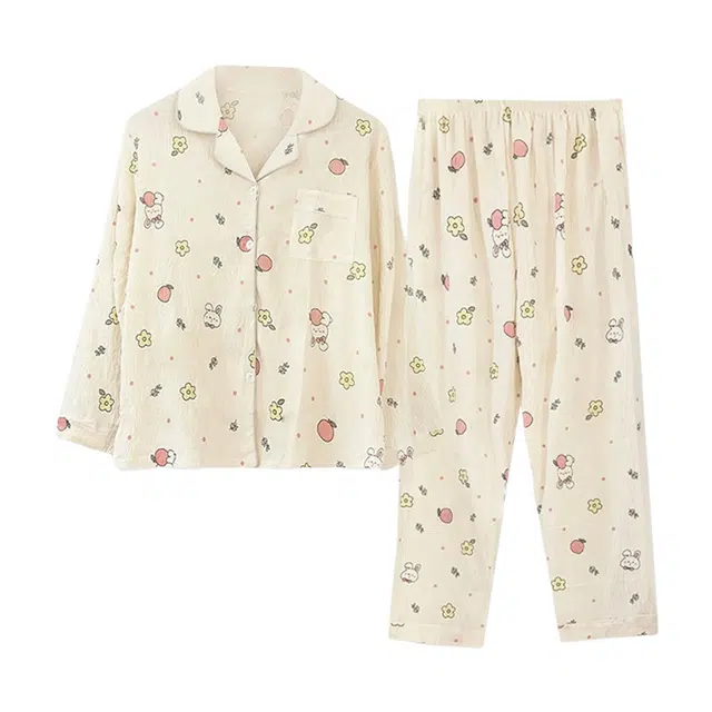 橡柠派 简约可爱小兔子少女心长袖长裤舒适柔软家居服两件套甜美高级感小清新开衫气质睡衣套装 女款