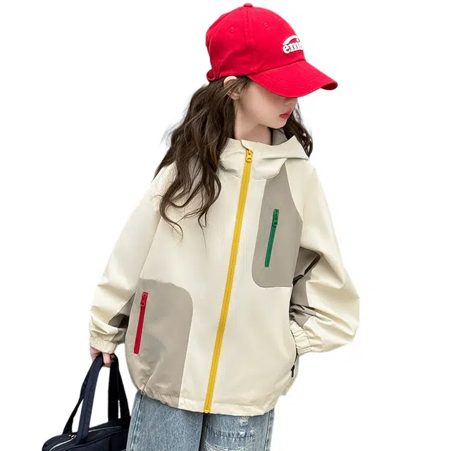 浪莎休闲夹克 春秋 时尚潮流连帽拼色外套 米色 青少年