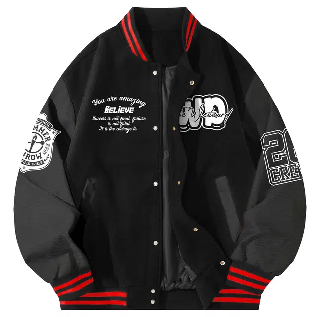 西行纪  毛呢条纹拼接皮质撞色美式复古高街学院风字母植绒工艺设计宽松百搭休闲通勤运动落肩单排扣飞行员夹克棒球服 男女同款