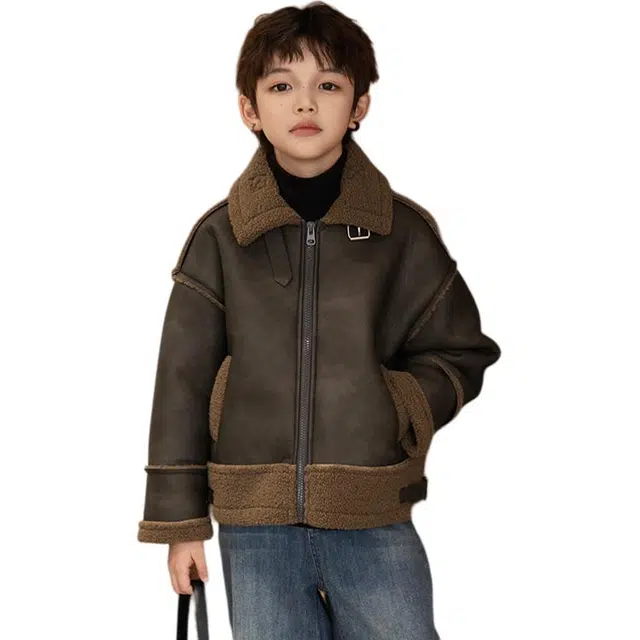 帕兰朵夹克 男童时尚潮流百搭加绒加厚保暖皮毛一体外套冬季中大童炸街潮酷防水防油 青少年