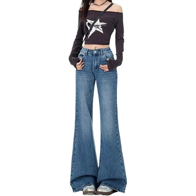 如续 美式低腰复古喇叭微喇不贴宽松显瘦竹节拖地牛仔裤 女款