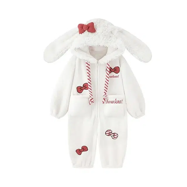 米囹 兔耳朵可爱少女珊瑚绒连体衣女冬季款家居服一体式睡衣套装 女款