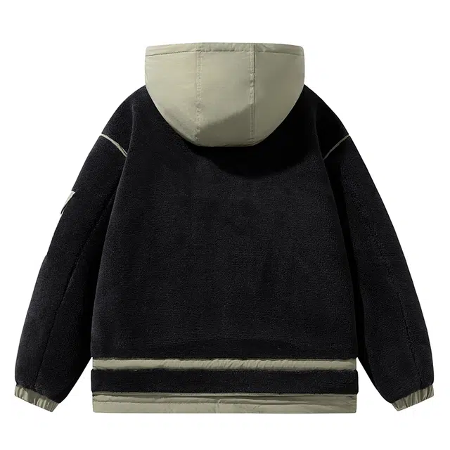 棉基因 冬季羊羔毛加绒拼接撞色连帽优质棉棒球服保暖高个小个子日系男简约潮流夹棉袄子美式高街青少年职场通勤学院风棉衣外套 男女同款