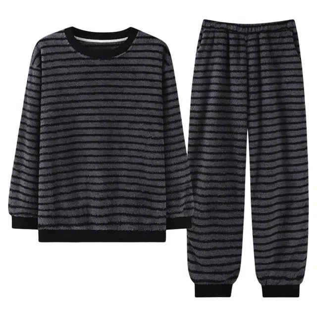 潞优野 高级感半边绒家居服时尚条纹秋冬款加厚加绒防寒保暖珊瑚绒 睡衣套装 男款
