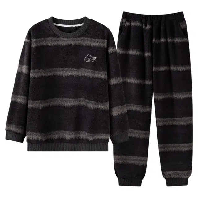 潞优野 轻奢高级感珊瑚绒休闲条纹可外穿家居服防寒半边绒加厚加绒保暖睡衣套装 女款