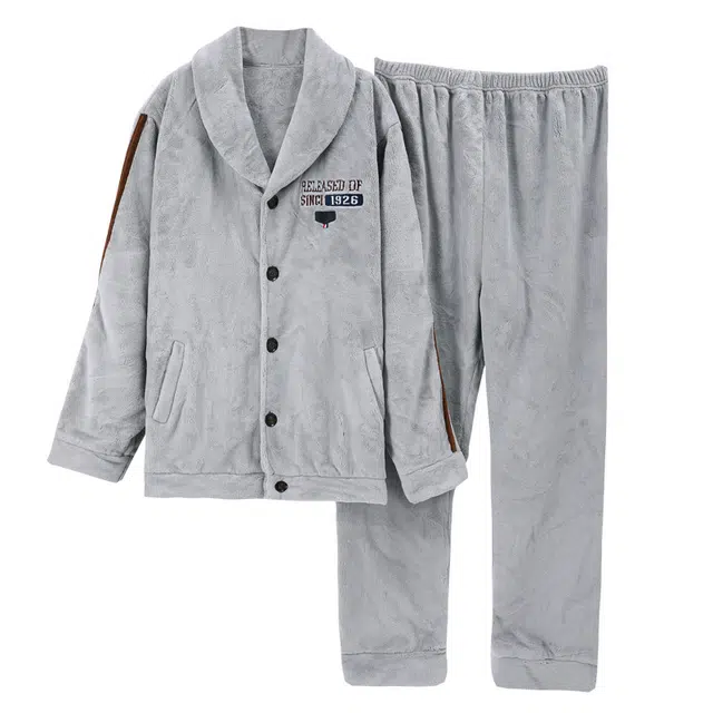 俏霓桐 加绒加厚柔软珊瑚绒保暖防寒蓄温双口袋时尚撞色翻领家居服可外穿睡衣套装 男款