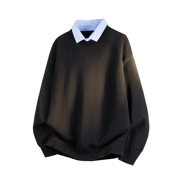 暴走的萝莉 街头潮流复古基础款简约纯色时尚休闲无性别主义蓝条纹撞色假两件宽松落肩衬衫领毛衣 男女同款